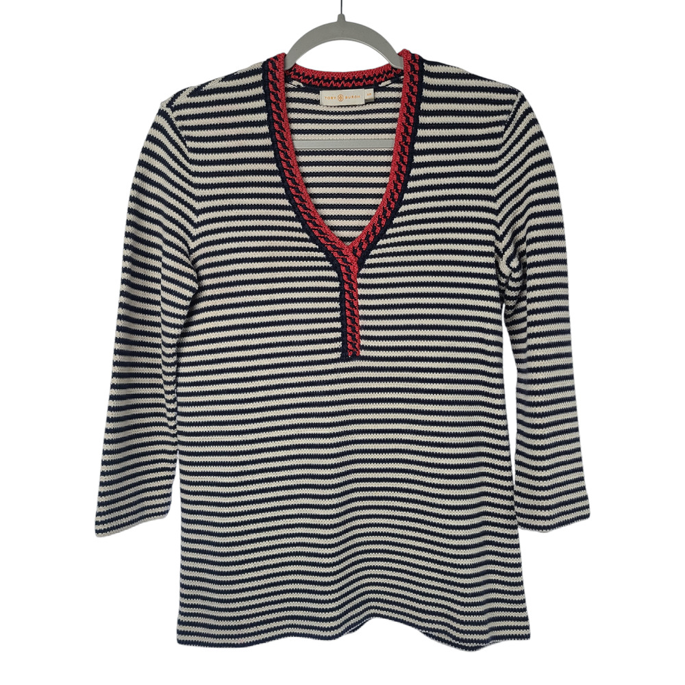 Tory Burch Sweater Women's Small Striped V-neck Pullover 3/4 Sleeve Cotton - Picture 1 of 7